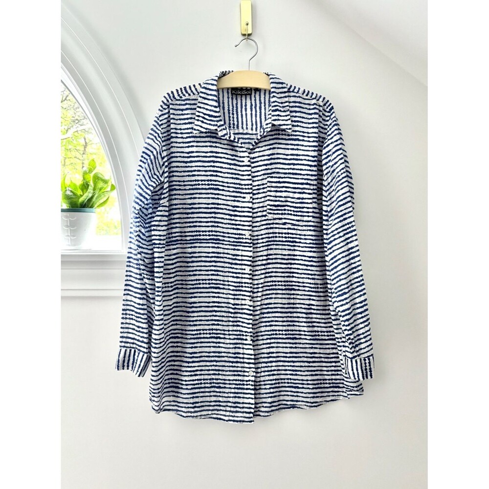 KikiSol Striped Boyfriend Shirt Medium Blue White Textured Cotton Button Up Top